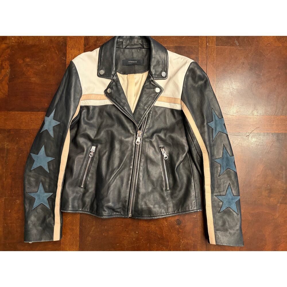 Edgy Uterqüe Sheep Leather Biker Jacket Black Teal Stars Women’s S/M Punk Rock